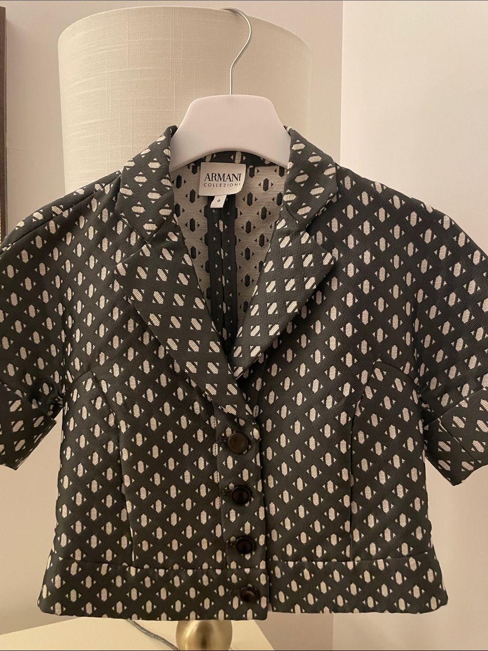 Armani Collezioni Silver and Ivory Geometric Short Blazer and Skirt Set